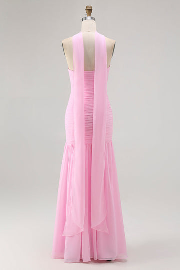 Blush Strapless Ruched Long Bridesmaid Dress with Slit
